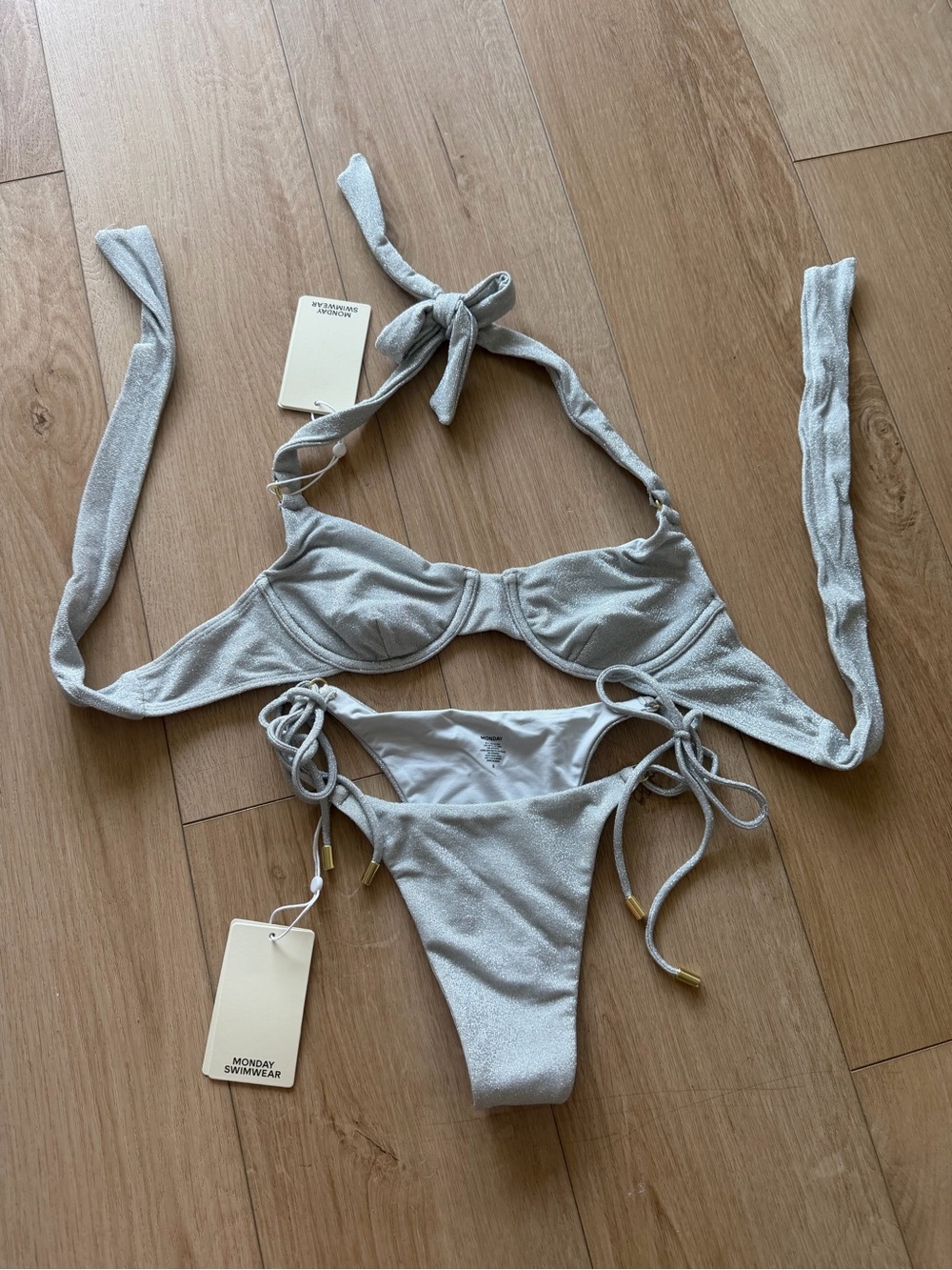 Monday Swimwear Silver Shimmer Bikini - Honolulu Top (XS) Hanalei Bottom (S)